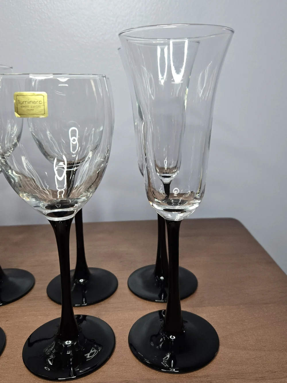 Vintage LUMINARC France Stemware Complete Service For Two, Elegant Black Stem